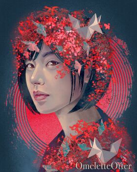 Rule 34 | 1girl, aegyo sal, black hair, black shirt, collared shirt, expressionless, fingerprint, highres, looking at viewer, omeletteotter, portrait, red eyes, shimizu hinako, shirt, short hair, silent hill (series), silent hill f, solo, variant set