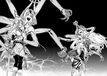 4girls alicia_forestlight armor arthropod_girl belt body_markings breasts dress dungeon_ni_deai_wo_motomeru_no_wa_machigatteiru_darou_ka elf extra_arms extra_eyes grabbing_another&#039;s_breast greyscale groping haimura_kiyotaka hand_on_another&#039;s_chin highres holding holding_sword holding_weapon insect_girl long_hair medium_breasts monochrome monster_girl multiple_girls narvi_roll no_nipples novel_illustration nude official_art open_mouth pants parasite pauldrons pleated_dress pointy_ears short_hair shoulder_armor spider_girl sword sword_oratoria third-party_source veiny_face weapon