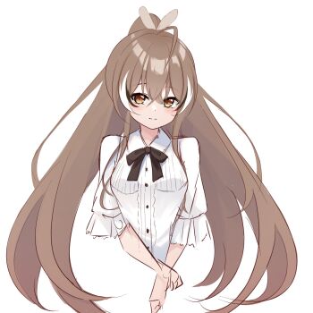 1girl black_bow black_hair bow breasts brown_eyes brown_hair collared_shirt cropped_torso dress_shirt hair_between_eyes highres hololive hololive_english hot_kakigoori long_hair looking_at_viewer multicolored_hair nanashi_mumei ponytail puffy_short_sleeves puffy_sleeves shirt short_sleeves simple_background sketch small_breasts solo streaked_hair upper_body very_long_hair virtual_youtuber white_background white_hair white_shirt