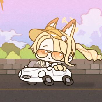 1girl :/ animal_ears animated animated_gif blonde_hair blue_archive blue_sky bush car chibi cloud commentary cross_halo diamond_cutout driving extra_ears fox_ears fox_girl halo jaguar_(car) jaguar_e-type long_hair motor_vehicle official_alternate_costume one-piece_swimsuit orange-tinted_eyewear outdoors road sechi_(sechihyeo) seia_(blue_archive) seia_(swimsuit)_(blue_archive) sky solo sunglasses swimsuit tinted_eyewear tree visor_cap white_one-piece_swimsuit yellow_halo yellow_visor
