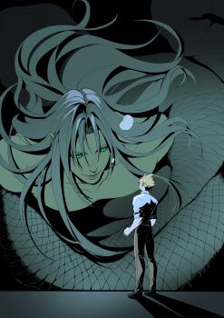 2boys absurdres alternate_universe black_shoes blonde_hair blue_shirt brown_pants closed_mouth cloud_strife collared_shirt final_fantasy final_fantasy_vii full_body green_eyes grey_hair hair_between_eyes highres long_bangs long_hair looking_at_another male_focus multiple_boys pants parted_bangs sephiroth shirt shoes short_hair sleeves_rolled_up slit_pupils smile snake_boy snake_tail tail tongueeeeeee topless_male underwater yaoi