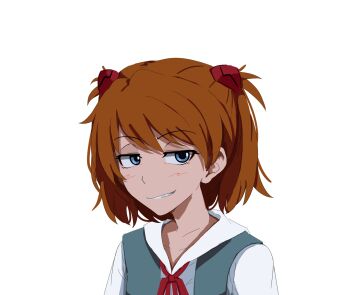 Rule 34 | 1girl, alternate hair length, alternate hairstyle, blue eyes, brown hair, commentary, commission, english commentary, fang, grin, highres, interface headset (evangelion), kurokimoko, medium hair, neon genesis evangelion, portrait, raised eyebrows, school uniform, smile, solo, souryuu asuka langley, tokyo-3 middle school uniform, transparent background, two side up