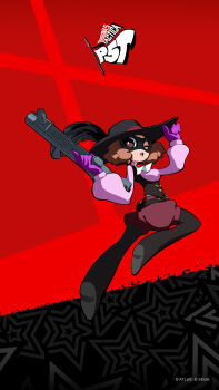 1girl adjusting_clothes adjusting_headwear ascot atlus bandolier belt black_background black_boots black_feathers black_hat black_mask black_vest boots breasts brown_eyes brown_hair buttons commentary copyright_name domino_mask english_commentary eye_mask feathers fluffy fluffy_hair full_body gloves gold_buttons grenade_launcher gun hat highres holding holding_gun holding_weapon long_sleeves mask noir_(persona_5) official_art okumura_haru one_eye_closed oribe_hanako persona persona_5 persona_5_tactica phantom_thief pink_shirt pink_sweater puffy_sleeves purple_gloves red_background red_shorts second-party_source shirt short_hair shorts solo star_(symbol) star_symbol_background sweater vest weapon white_ascot