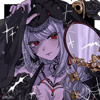 1girl arm_up bare_shoulders black_background black_flower black_rose black_veil border breasts cleavage commentary dress flower grey_hair hand_mirror hand_up highres holding_veil lace-trimmed_veil lace_trim long_braid looking_at_viewer mirror official_alternate_costume outside_border portrait red_eyes reverse:1999 rose semmelweis_(reverse:1999) semmelweis_(the_wax_and_wane_of_the_heart)_(reverse:1999) sleeveless sleeveless_dress smile solo soppy_loser sparkle symbol-only_commentary veil white_border