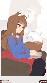 1girl absurdres animal_ear_fluff animal_ears armchair black_skirt blanket blue_shirt blunt_bangs blush book breasts brown_hair chair commentary english_commentary highres holding holding_book holo likunea long_hair long_skirt open_book patreon_logo patreon_username red_eyes shirt sidelocks simple_background sitting skirt small_breasts smile solo solo_focus spice_and_wolf tail twitter_username twitter_x_logo wolf_ears wolf_girl wolf_tail zoom_layer