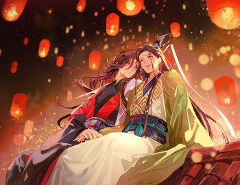 2boys architecture black_hanfu black_nails chinese_clothes closed_eyes closed_mouth commentary_request couple curtained_hair east_asian_architecture facial_mark feet_out_of_frame forehead_mark from_below green_robe hair_between_eyes half_updo hanfu head_tilt highres holding_hands lantern leaning_on_person light_particles long_hair looking_at_another looking_to_the_side luo_binghe male_focus multiple_boys night night_sky on_roof open_mouth paper_lantern parted_bangs renzha_fanpai_zijiu_xitong ribboned_xiao_guan robe sakuramochi1003 shen_qingqiu sitting_on_roof sky sky_lantern smile teeth two-tone_hanfu upper_teeth_only very_long_hair wavy_hair white_hanfu wide_sleeves yaoi zuiyin