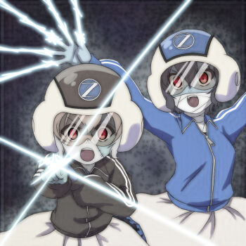 2girls bandaged_face bandages black_hair black_helmet black_jacket blue_background blue_helmet blue_jacket blue_skin colored_skin firing firing_at_viewer grey_hair grey_skin helmet highres jacket konno_junko laser long_sleeves looking_at_viewer looking_to_the_side mizuno_ai multicolored_skin multiple_girls open_mouth red_eyes short_hair skirt standing stitches t_jiroo_(ringofriend) teeth two-tone_skin white_skirt zombie zombie_land_saga