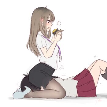 13o 2girls brown_hair food food_request holding holding_food lanyard lying multiple_girls on_back original pantyhose parted_lips sitting sitting_on_face sitting_on_person stomach_growling yuri