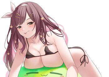 1girl :3 absurdres armpit_crease bare_shoulders bent_over bikini bikini_top_lift black_bikini blush breast_rest breasts brown_hair cleavage closed_mouth clothes_lift collarbone commentary commission english_commentary fortissimo green_eyes hair_ornament hair_ribbon hairband highres indie_virtual_youtuber large_breasts long_hair miori_celesta multicolored_hair musical_note musical_note_hair_ornament pink_hair ribbon si_farid side-tie_bikini_bottom simple_background solo star_(symbol) star_hair_ornament star_in_eye swimsuit symbol_in_eye thighs tongue treble_clef two-tone_hair virtual_youtuber white_background white_hairband white_ribbon