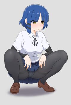 1girl absurdres black_pantyhose black_ribbon black_shirt blue_hair blue_skirt bocchi_the_rock! collared_shirt commentary_request crotch_seam full_body gradient_background grey_background hair_ornament hairclip highres loafers long_sleeves miniskirt neck_ribbon paid_reward_available panties panties_under_pantyhose pantyhose parallel_hairclips pleated_skirt ribbon shirt shirt_under_shirt shoes short_hair skirt solo spread_legs squatting thighband_pantyhose thighs underwear usazirou539 white_panties white_shirt yamada_ryo yellow_eyes