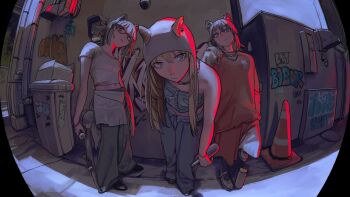 Rule 34 | 3girls, bare shoulders, beanie, black shoes, blonde hair, blue eyes, blue pants, clothing cutout, commentary request, dog girl, dog tail, ears through headwear, fisheye, graffiti, grey hair, grey hat, grey pants, grey shirt, hat, highres, holding, holding skateboard, jewelry, ken sogen, kmnz, leaning forward, lita (kmnz), long hair, looking at viewer, medium hair, multiple girls, navel, necklace, nero (kmnz), official art, orange pants, orange sweater, outdoors, pants, shirt, shoes, short hair, skateboard, spray can, stomach cutout, sweater, tail, tina (kmnz), traffic cone, trash can, two side up, virtual youtuber