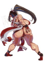 Rule 34 | 1girl, ass, ass focus, ass grab, breasts, brown hair, cameltoe, fatal fury, full body, grabbing own ass, high ponytail, huge ass, large breasts, leotard, leotard under clothes, long hair, partially visible vulva, ponytail, revealing clothes, sashizume soutarou, shiny skin, shiranui mai, solo, thong, thong leotard, translation request, white background, wide hips