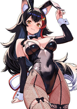 1girl absurdres animal_ear_fluff animal_ear_hairband animal_ears bare_shoulders black_bow black_bowtie black_hair black_leotard bow bowtie breasts cleavage commentary_request covered_navel daelriibres detached_collar detached_sleeves fake_animal_ears fishnet_pantyhose fishnets hairband highleg highleg_leotard highres hololive kouhaku_nawa large_breasts leotard long_hair looking_at_viewer multicolored_hair ookami_mio pantyhose partial_commentary playboy_bunny rabbit_ear_hairband rabbit_ears red_streaks rope shimenawa simple_background smile solo strapless strapless_leotard streaked_hair tail virtual_youtuber white_background white_wrist_cuffs wolf_ears wolf_girl wolf_tail wrist_cuffs yellow_eyes