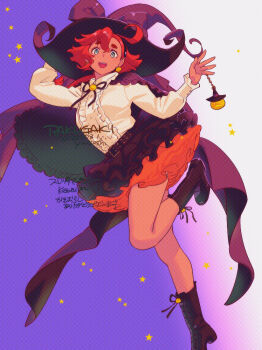 1girl ahoge black_boots black_hairband black_hat black_skirt blue_background blue_eyes boots bow bowtie breasts collared_shirt commentary_request frilled_skirt frills gundam gundam_suisei_no_majo hair_between_eyes hairband halloween_costume hand_on_headwear hat jack-o&#039;-lantern_ornament layered_skirt looking_at_viewer medium_breasts multi-tied_hair open_mouth orange_skirt red_hair shirt short_hair_with_long_locks skirt smile solo suletta_mercury thick_eyebrows white_shirt witch witch_hat yuccoshi