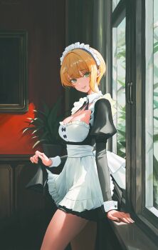 1girl absurdres apron black_dress blonde_hair breasts clothes_lift commentary dress dress_lift green_eyes highres idolmaster idolmaster_cinderella_girls juliet_sleeves long_sleeves looking_at_viewer maid maid_apron maid_headdress medium_breasts miyamoto_frederica parted_lips plant potted_plant puffy_sleeves qingli_ye short_hair solo window