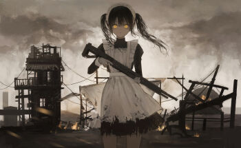 1girl absurdres apron black_dress black_hair building chinese_commentary choppy_bangs commentary_request cowboy_shot day dress fire glowing glowing_eyes grey_sky gun highres holding holding_gun holding_weapon maid maid_apron maid_headdress medium_hair orange_eyes original outdoors parted_lips ruins sky solo standing torn_apron torn_clothes torn_dress twintails weapon weapon_request white_apron zorhua