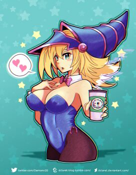 1girl absurdres bare_shoulders blonde_hair blue_hat blue_leotard bow bowtie breasts cleavage covered_erect_nipples cup dark_magician_girl dclaret disposable_cup duel_monster green_eyes hat heart highres holding holding_cup kuriboh large_breasts leotard logo_parody long_hair pantyhose pink_bow pink_bowtie solo speech_bubble spoken_heart star_(symbol) steam yu-gi-oh!