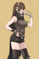 Rule 34 | 1girl, absurdres, armband, asymmetrical gloves, bandana around neck, black thighhighs, blush, breasts, brown eyes, brown hair, brown shorts, commentary request, cowboy shot, fanning self, from side, girls&#039; frontline, gloves, green armband, green hair, headphones, highres, ingukoon, korean commentary, leotard, long hair, m4a1 (girls&#039; frontline), mismatched gloves, multicolored hair, open mouth, ribbed leotard, shorts, simple background, smile, solo, streaked hair, sweat, teeth, thighhighs, upper teeth only, yellow background