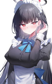 1girl absurdres apron blue_archive blue_bow blue_bowtie blush bow bowtie breasts chinese_commentary commentary_request hair_ornament hairclip halo highres ji_nian large_breasts long_hair looking_at_viewer maid_apron maid_headdress puffy_sleeves red_eyes ringed_eyes rio_(blue_archive) simple_background solo very_long_hair white_background