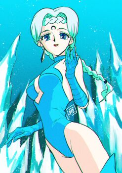 Rule 34 | 1girl, beruche (sailor moon), bishoujo senshi sailor moon, bishoujo senshi sailor moon r, blue eyes, blue gloves, blue leotard, cowboy shot, crescent, crescent facial mark, earrings, elbow gloves, facial mark, female focus, forehead mark, gloves, highres, ice, jewelry, leotard, lips, lipstick, long hair, looking at viewer, makeup, murimajimuri, parted lips, red lips, solo, thighhighs