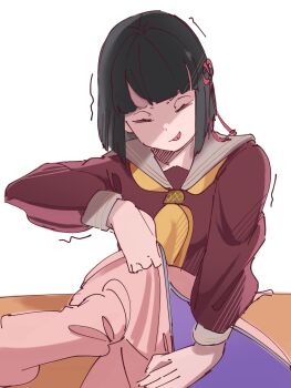 1girl :p blunt_bangs blunt_ends bob_cut brown_dress closed_eyes closed_mouth commentary_request dress facing_viewer flower_knot grey_sailor_collar hasu_no_sora_school_uniform highres jacket link!_like!_love_live! long_sleeves love_live! momose_ginko neckerchief pink_jacket piririi pulling sailor_collar sailor_dress school_uniform short_hair simple_background solo tongue tongue_out trembling unworn_jacket v-shaped_eyebrows virtual_youtuber white_background winter_uniform yellow_neckerchief