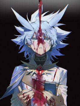 1boy alien_888 antenna_hair armor belt_pouch black_background black_shirt blood blood_drip blood_in_hair blood_on_clothes blood_on_face blood_on_hands blood_splatter blood_stain blue_armor blue_hair facial_mark facing_viewer field_radio gem gradient_background green_eyes hands_up highres jacket liquid looking_at_object looking_up male_focus military_uniform open_hand open_mouth pouch radio red_gemstone shirt shoulder_armor spiked_hair stain water_drop white_jacket yu-gi-oh! yu-gi-oh!_go_rush!! yudias_velgear