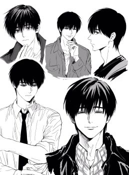 1boy character_request closed_eyes closed_mouth collared_shirt copyright_request facing_viewer fingernails highres looking_at_viewer male_focus multiple_views necktie shirt short_hair simple_background smile sso_s white_background