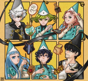 2boys 4girls agott_(tongari_boushi_no_atelier) black_hair blue_eyes blue_hair brown_eyes brushbuddy coco_(tongari_boushi_no_atelier) commentary english_commentary fushixyl glasses green_hair hat hat_tassel highres inkwell jewelry long_hair medium_hair multiple_boys multiple_girls olruggio_(tongari_boushi_no_atelier) pink_hair purple_eyes qifrey&#039;s_atelier_apprentice_uniform qifrey_(tongari_boushi_no_atelier) richeh_(tongari_boushi_no_atelier) ring short_hair tetia_(tongari_boushi_no_atelier) tongari_boushi_no_atelier white_hair yellow_eyes
