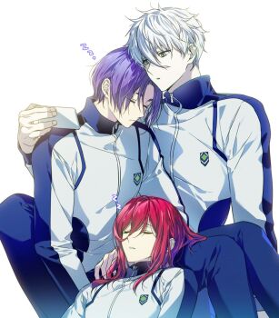 Rule 34 | 3boys, between legs, blue lock, blue pants, chigiri hyoma, closed eyes, closed mouth, commentary request, grey eyes, korean commentary, long hair, male focus, mikage reo, multiple boys, nagi seishirou, pants, purple hair, red hair, short hair, sleeping, sleeping on person, ss hh bb, track suit, white hair, zipper, zipper pull tab, zzz