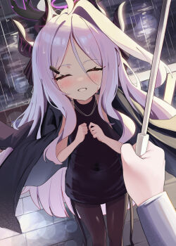 1girl 9nu absurdres ahoge blue_archive blush breasts crying demon_girl demon_horns grin happy_tears highres hina_(blue_archive) horns long_hair outdoors purple_eyes rain sensei_(blue_archive) small_breasts smile solo standing streaming_tears tears umbrella very_long_hair white_hair