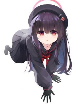 1girl absurdres all_fours beret black_gloves black_hair black_hat black_serafuku black_shirt black_shoes black_skirt black_socks blue_archive closed_mouth commentary eyes_visible_through_hair full_body gloves halo hat highres justice_task_force_member_(blue_archive) long_hair looking_at_viewer neckerchief red_eyes red_halo red_neckerchief school_uniform serafuku shirt shoes simple_background skirt socks solo very_long_hair white_background xiao_feifei