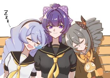 3girls bench benghuai_xueyuan bow braid bronya_zaychik commentary drill_hair grey_hair hair_between_eyes happy headband holding holding_stuffed_toy homu honkai_(series) jacket kiana_kaslana leaning_on_person light_smile multiple_girls neckerchief nose_bubble purple_eyes purple_hair raiden_mei school_uniform serafuku short_sleeves side_braid sidelocks simple_background sleeping stuffed_animal stuffed_toy symbol-only_commentary twin_drills vlh3tu white_hair zzz