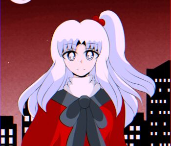 1990s_(style) 1girl blue_eyes bow capelet cityscape dress grey_hair hair_bobbles hair_ornament highres long_hair mystic_square one_side_up retro_artstyle shinki_(touhou) short_hair smile solo static touhou touhou_(pc-98) white_hair yuuna_arlovskaya