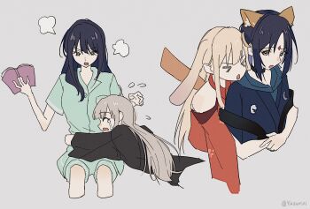 >_< 2girls animal_ears blonde_hair book cho_kaguya-hime! closed_eyes green_eyes green_pajamas grey_background grey_hair hair_down hand_up highres holding holding_book hug kaguya_(cho_kaguya-hime!) long_hair looking_at_another looking_back looking_down lop_rabbit_ears multiple_girls multiple_views open_book open_mouth pajamas puff_of_air purple_hair rabbit_ears sakayori_iroha sasagawa_yuki short_hair simple_background sitting tears yuri