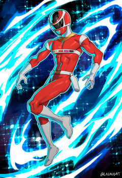 1boy belt blanclauz blue_background bodysuit boots full_body gloves helmet highres holster holstered male_focus power_rangers power_rangers_in_space red_bodysuit red_helmet red_space_ranger solo tokusatsu white_belt white_boots white_gloves