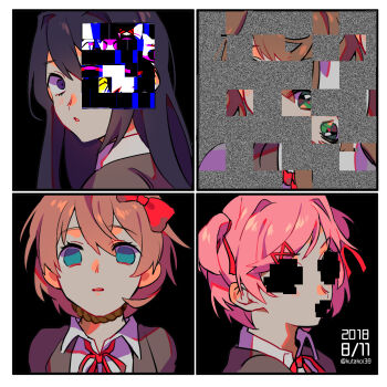 4girls blazer blue_eyes blush bow brown_hair collared_shirt covered_eyes covered_mouth dated distortion doki_doki_literature_club empty_eyes glitch green_eyes hair_bow hair_ornament hair_ribbon hairclip highres jacket kutako_(kutako138) long_hair looking_at_viewer looking_back monika_(doki_doki_literature_club) multiple_girls natsuki_(doki_doki_literature_club) noose one_eye_covered parted_lips pink_hair purple_eyes purple_hair red_bow red_ribbon ribbon sayori_(doki_doki_literature_club) school_uniform shirt short_hair sidelocks simple_background static swept_bangs twintails twitter_username white_ribbon white_shirt yuri_(doki_doki_literature_club)
