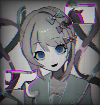 1girl ame-chan_(needy_girl_overdose) black_hair blue_eyes bow chouzetsusaikawa_tenshi-chan commentary_request distortion dual_persona empty_eyes false_smile hair_bow highres long_hair looking_at_viewer multiple_hair_bows needy_girl_overdose open_mouth school_uniform serafuku smile solo static twintails window_(computing) yu-numa