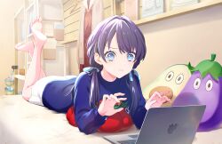 Rule 34 | 1girl, 3:, avocado, barefoot, bedroom, blue eyes, blue hair, blue ribbon, blue sweater, book, bookshelf, brand name imitation, brown dress, closed mouth, clothes hanger, dark blue hair, dress, eggplant, feet up, food, game cg, hair ribbon, hasu no sora school uniform, highres, indoors, link! like! love live!, long hair, long sleeves, looking at screen, love live!, low twintails, lying, macbook, miniskirt, mole, mole on neck, murano sayaka, neckerchief, official art, on bed, on stomach, pleated dress, red neckerchief, ribbon, sailor collar, sailor dress, school uniform, shelf, skirt, solo, stuffed avocado, stuffed eggplant, stuffed tomato, stuffed toy, sweater, third-party source, twintails, unworn cardigan, unworn dress, vegetable, virtual youtuber, white sailor collar, white skirt, winter uniform