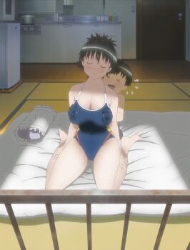 1boy 1girl age_difference alternate_hairstyle anime_screenshot blush breasts cleavage closed_eyes collarbone curvy door feet futon grabbing_another's_breast grope_from_behind groping indoors kanokon kitchen large_breasts minamoto_chizuru navel navel_visible_through_clothes one-piece_swimsuit onee-shota open_mouth oyamada_kouta pillow refrigerator school_swimsuit short_hair sitting smile stitched sunlight swimsuit thighs third-party_edit