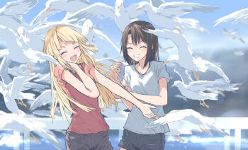 2girls :d ^_^ bang_dream! bang_dream!_girls_band_party! bird black_hair black_shorts blonde_hair blush closed_eyes commentary cowboy_shot grin highres light_particles long_hair medium_hair multiple_girls okusawa_misaki open_mouth outdoors red_shirt seagull shirt short_shorts short_sleeves shorts smile t-shirt too_many too_many_birds tsurumaki_kokoro v-shaped_eyebrows white_shirt yukitake_(bullfalk)