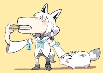 <o>_<o> 1girl :3 ahoge animal_ear_fluff animal_ear_piercing animal_ears bare_shoulders black_shorts braid burger cocomayo29_(tomato) commentary_request detached_sleeves earrings food fox_ears fox_girl fox_tail holding holding_food hololive jewelry korean_commentary long_hair long_sleeves midriff_peek miteiru_(shirakami_fubuki) open_mouth pentagram shirakami_fubuki shirakami_fubuki_(1st_costume) shorts simple_background single_braid single_earring tail teeth virtual_youtuber white_hair