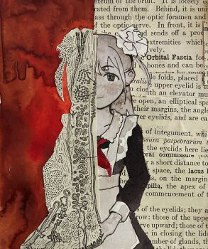 1girl apron black_dress black_eyes blush closed_mouth collarbone dress empty_eyes english_text flower hair_flower hair_ornament highres io_(onisarashi) limited_palette long_hair long_sleeves maid neckerchief no_nose original painting_(medium) pale_skin paper paper_background photo_(medium) red_background red_neckerchief school_uniform sidelocks smile solo soviet_school_uniform split_theme stain straight-on text_background traditional_media two_side_up upper_body victorian_maid watercolor_(medium) white_apron white_flower white_hair wrist_cuffs