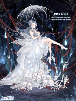 Rule 34 | 1girl, artist request, back bow, bare shoulders, bow, bracelet, breasts, character name, cleavage, closed mouth, copyright logo, crossed legs, crown, dress, earrings, english text, eyelashes, eyeshadow, floating, forehead, full body, grey eyes, grey hair, high heels, hitodama, holding, holding umbrella, jewelry, large bow, light particles, lipstick, logo, long hair, long sidelocks, looking at viewer, makeup, medium breasts, medium dress, mini crown, miracle nikki, miss bone (miracle nikki), night, nikki (series), official art, outdoors, pile of skulls, pleated dress, purple eyeshadow, red lips, red ribbon, ribbon, see-through bow, shoes, sidelocks, silk, sitting, skull earrings, smile, smug, solo, spider web, strapless, strapless dress, third-party source, torn bow, train (clothing), umbrella, very long hair, wavy hair, white bow, white dress, white shoes, white umbrella