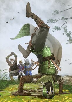 Rule 34 | 1girl, 3boys, absurdres, armlet, armor, belt pouch, bird, blonde hair, blue coat, blue eyes, blue surcoat, boots, branch, breakdance, brown boots, brown gloves, brown pants, cape, cheering, coat, covered eyes, covered mouth, dancing, dandelion, dark skin, dragoarcobaleno, duchess (elden ring), elden ring, elden ring nightreign, flower, gloves, glowing, glowing eye, grass, green armor, green cape, green hood, green tunic, grey hair, helmet, highres, hood, hood up, ironeye (elden ring), jewelry, looking at viewer, mask, mouth mask, multiple boys, muscular, muscular male, overcast, pants, plume, pouch, raider (elden ring), scale armor, sky, smile, tunic, upside-down, white gloves, white pants, winged helmet, wylder (elden ring), yellow flower