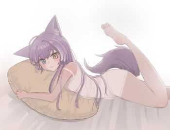 1girl animal_ears armpit_crease artist_request barefoot blue_eyes blush closed_mouth commentary_request foot_out_of_frame fox_ears fox_girl fox_tail from_side heterochromia korean_commentary leg_up lingerie long_hair looking_at_viewer looking_to_the_side lying multicolored_hair negligee on_pillow on_stomach orange_eyes purple_hair second-party_source smile solo spaghetti_strap stellive streaked_hair tail tenko_shibuki turning_head underwear virtual_youtuber white_negligee