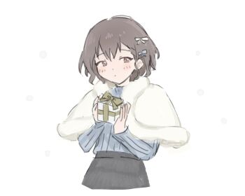 1girl bang_dream! bang_dream!_it's_mygo!!!!! blue_sweater bow brown_eyes capelet commentary gift grey_hair hair_bow holding holding_gift long_sleeves m_(226mmy) short_hair simple_background snow solo sweater takamatsu_tomori white_background white_capelet