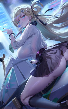 1girl absurdres aqua_necktie ass black_nails black_panties black_shoes black_skirt blonde_hair blowing_bubble_gum blue_eyes blush bracelet braid braided_bangs breasts chewing_gum chinese_commentary commentary earrings from_behind from_side gradient_background hair_intakes hair_ornament hair_rings hand_up head_tilt headphones headphones_around_neck highres jewelry kneehighs large_breasts legs long_hair looking_at_viewer lynae_(wuthering_waves) miniskirt motor_vehicle motorcycle nail_polish necktie on_motorcycle panties pantyshot pleated_skirt qianshui_baodan school_uniform shirt shirt_tucked_in shoes sideboob sidelocks single_hair_ring sitting skirt skull_hair_ornament socks solo star_(symbol) star_earrings tacet_mark_(wuthering_waves) thighs three-quarter_sleeves turning_head underwear v very_long_hair white_shirt wind wind_lift wuthering_waves