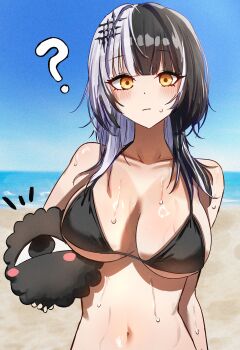 1girl ? absurdres beach bikini black_bikini black_hair blunt_bangs blush breasts cleavage closed_mouth collarbone commentary grey_hair hair_ornament halterneck highres holding holding_stuffed_toy hololive hololive_english large_breasts looking_at_viewer medium_hair multicolored_hair navel outdoors shiori_novella sideboob solo split-color_hair stomach streaked_hair stuffed_animal stuffed_toy swimsuit tomosakaaa triangle_bikini_top underboob upper_body virtual_youtuber wet yellow_eyes yorick_(shiori_novella)