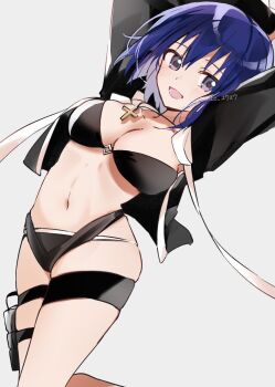 1girl bikini black_bikini black_jacket blue_eyes blue_hair blush breasts c.i.e.l_(fate) mysterious_executor_c.i.e.l_(fate) ciel_(tsukihime) cleavage commentary_request cross cross_necklace draw_happy_set fate/grand_order fate_(series) highres hood hood_down hooded_jacket jacket jewelry large_breasts latin_cross looking_at_viewer navel necklace official_alternate_costume open_clothes open_jacket open_mouth short_hair simple_background smile solo stomach swimsuit tsukihime tsukihime_(remake) twitter_username white_background
