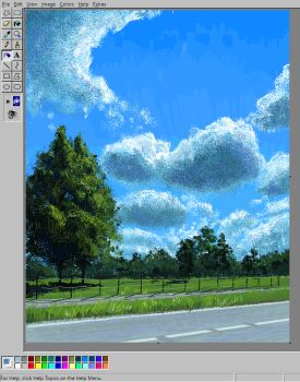 art_program_in_frame christian_young cloud cloudy_sky forest landscape microsoft_paint_(medium) microsoft_paint_(software) microsoft_windows nature no_humans outdoors painterly road scenery sky tree windows_95 windows_classic wire_fence